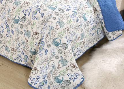 SUCSES 3Pcs Ocean Quilts Queen Size Cotton Coastal Quilt Bedding Set with Sea Turttle Seahorses Pattern Soft Oversized Bedspread Coverlet with 2 Shams for Beach Theme Room Decor