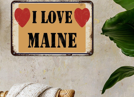 Woguangis Metal Tin Signs Maine State USA States Red Heart Plaque I Love Maine Porch Decor Metal Plaque Retro Aluminum Sign for Kid Room Living Room Kitchen Front Porch 18x12in