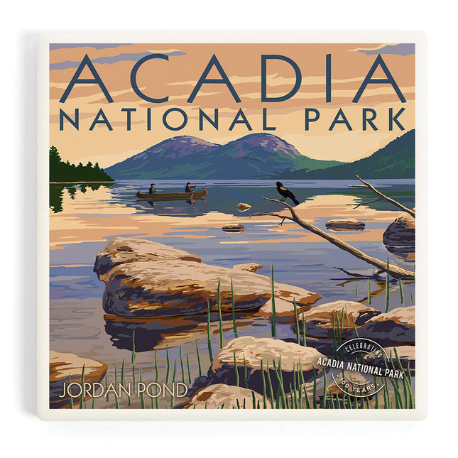 Lantern Press Acadia National Park, Maine, Celebrating 100 Years, Jordan Pond (Absorbent Ceramic Coaster, Single, Cork Back, Kitchen Table Decor)