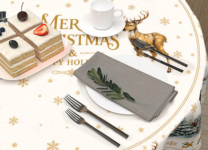 Merry Christmas Tablecloth Round 60 Inch Xmas Snowman Deer Pine Tree Table Cloth Circle Dust-Proof Washable Wipeable Winter Holiday Table Cover Polyester Tabletop for Dining Kitchen Picnic Party Decor