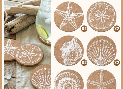 Ferrochef 12 Pcs Coastal Coasters for Drinks Beach Cork Sea Shell Mat Gift