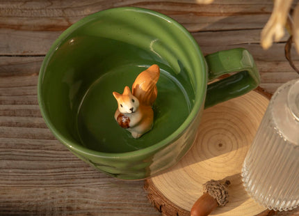 DIHOclub Farmhouse Ceramic Coffee Mug with Squirrel Figurine – Rustic Stoneware Cup, Matte Finish, Ideal for Breakfast & Home Decor (Green Squirrel)