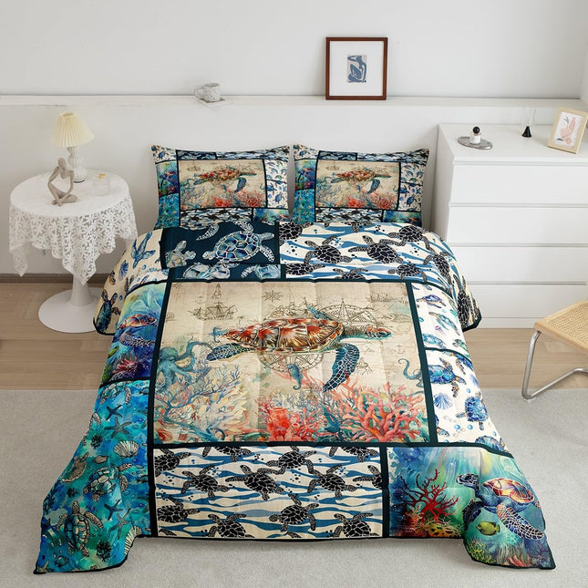 Octopus Bedding Set Twin Size, Kids 3D Sea Turtle Crab Comforter Set, Boys Tortoise Nautical Duvet Set, Girls Ocean Life Patchwork Quilt, Underwater World Bedding Comforter Sets with 1 Pillowcase
