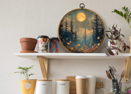 XPH Moonlit Wildflower Forest Round Wall Art Framed, Mystical Full Moon Woodland Circle Wall Decor, Rustic Nature Nightscape Floral Hanging Canvas Prints for Office Home Decoration, 10x10 Inch