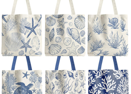 Reginary 6 Pack Coastal Canvas Tote Bag Bulk Blue Beach Gift Women, Coastal
