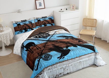 Castle Fairy Animal Hunting Comforter Set Full Size,Wild Deer Mallard Fish Print Bedding Comforters Lodge Decor,Rustic Farmhouse Blue Wooden Barn Quilt Set with 2 Pillowcases,Xmas Present
