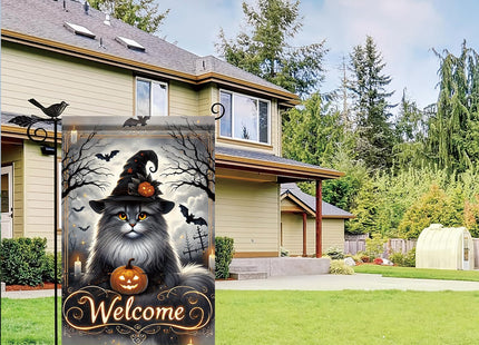 Starlit Patio Halloween Welcome Garden Flag Maine Coon Cat 12x18 Inch Double Sided Witch Pumpkin Outdoor Yard Flag, Spooky Farmhouse Porch Lawn Gothic Halloween Decorations for Cat Lovers