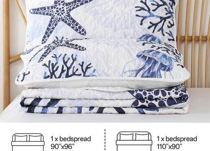 Xruibed Coastal Quilt Set King Size Blue Nautical Beach Quilt Coverlet Reversible Lightweight Bedspread with 2 Pillowshams Soft Microfiber Quilt Set for All Season 110"x90"