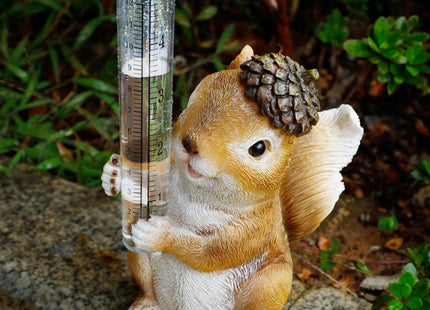 FORUP Resin Squirrel Rain Gauge, Hand Painted Squirrel Sculpture Water Gauge