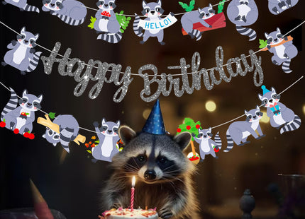 Raccoon Happy Birthday Banners Silver Woodland Party Decoration Themed Cutout for Lover Birthday Woodland Animal Baby Shower Supplies
