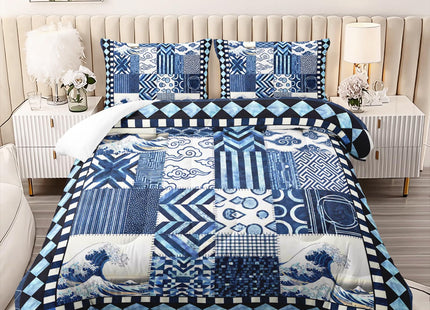 AILONEN Blue Nautical Patchwork Twin Bedding Set 3 Piece, 1 Comforter + 2 Pillowcases, Indigo Waves Sailboat Blocks for Dorm Loft Single Bed Youth Decor