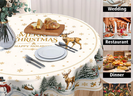 Merry Christmas Tablecloth Round 60 Inch Xmas Snowman Deer Pine Tree Table Cloth Circle Dust-Proof Washable Wipeable Winter Holiday Table Cover Polyester Tabletop for Dining Kitchen Picnic Party Decor