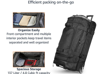Amazon Basics 35-inch Large Rolling Duffel Bag with Wheels and Handle, Travel Duffle with Durable Ripstop Polyester Material, 2 Layers of Storage Space, Multiple Interior and Exterior Pockets, Black