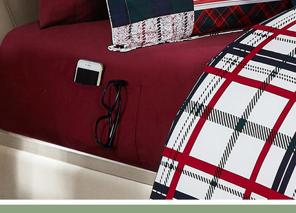 Elegant Comfort 8-Piece Cabin Lodge Patch Reversible Comforter Set - All Season Bed in a Bag, 4-Piece Sheet Set Featuring Smart Pockets, Matching Shams and Decorative Pillow, Full/Queen, Burgundy