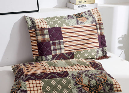 Smuge 3-Piece Moose Pine Tree Reversible Quilt Set, Checked Color Stripe Rustic Home Lodge The Wilds Quilted Bedspread Coverlet Bedding Set, Lightweight Breathable for All Season (Twin, White Deer)