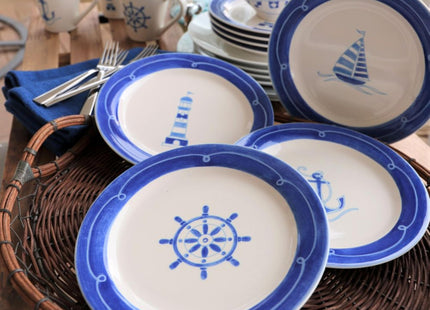Euro Ceramica Ahoy Collection Nautical 8.7" Ceramic Salad/Dessert Plates, Set of 4, Assorted Designs, Blue & White