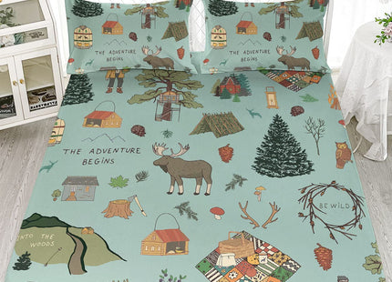 Datura home Woodland Camping Sheets Set 4Pcs for Kids,Cartoon Cabin Trip Wild Adventure Print Sheet Set with 1 Flat Sheet and 1 Fitted Sheet + 2 Pillowcases(Woodland Camping Queen)