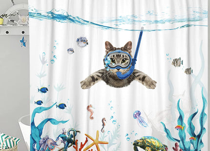 Fowocu Funny Cat Shower Curtain Set Teal Blue Sea Ocean Waterproof Fabric Shower Curtains with Animal Octopus Starfish Turtle Anchor Fish Nautical Bathroom Decor (Blue, 72''×72'')