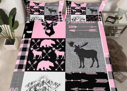 Rustic Camping Sheet Set For Boys, Hunting Elk Deer Bed Sheets Full Size Buffalo Plaid Patchwork Fitted Sheet + Lodge Woodland Farmhouse Flat Sheet For Kids Teens Adult Bedroom Decor,Pink Black Grey
