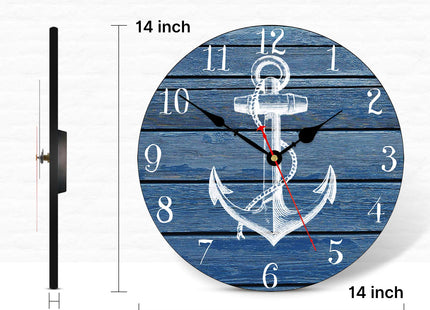 TAHEAT 14 Inch White Anchor Pattern Wall Clock, Non Ticking Silent Clocks, Nautical Retro Wooden Arabic Numeral Clocks, Easy to Read Wall Clocks for Kitchen/Living Room/Bedroom