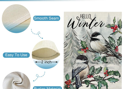 Hzppyz Hello Winter Chickadee Birds Garden Flag Double Sided, Red Berries Pine Tree Branch Farmhouse Decorative Yard Outdoor Home Small Decor, Snowy Forest Christmas Outside House Decoration 12 x 18