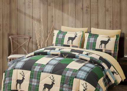 Smuge 7 Piece Queen Size Comforter Set, Lodge Moose Rustic Cabin Bed in a Bag, Soft and Breathable, Green Moose