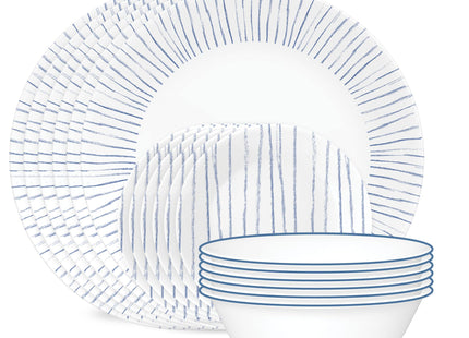 Corelle 18-Piece Dinnerware Set Service for 6, Lightweight Round Plates and Bowls Set, Vitrelle Triple Layer Glass, Chip Resistant, Microwave and Dishwasher Safe, Nautical Stripes