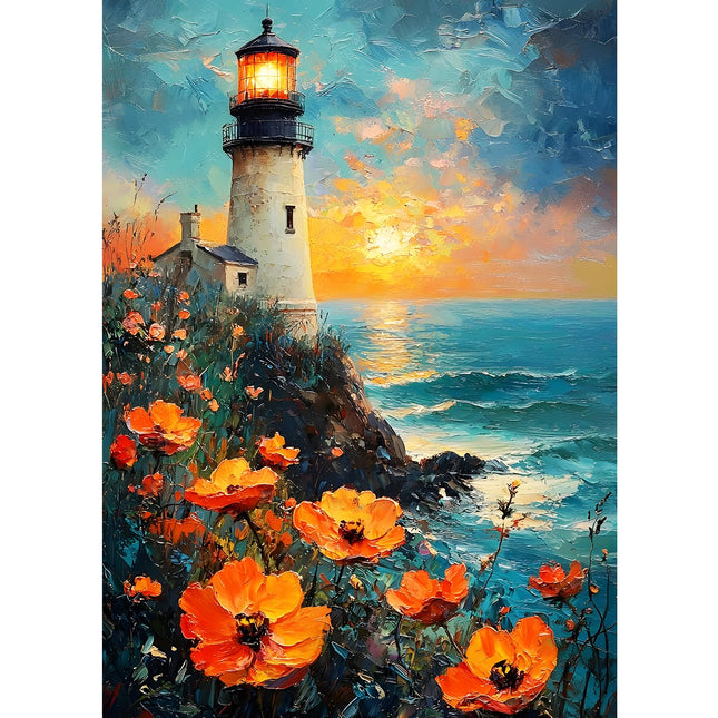 GDYEEH DIY Lighthouse 5D Diamond Art Kits, Round Full Drill Sparkling Poppies Diamond Painting Picture, Moon Night Painting by Numbers Art Kits for Adults Beginners Home Wall Decor 12x16 inch