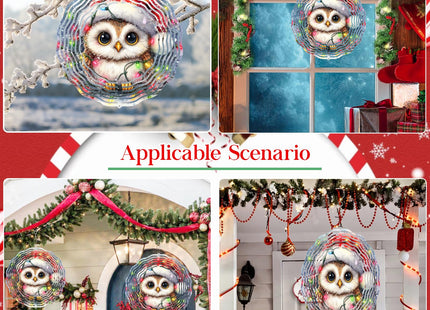 Christmas Owl Wind Spinner,3D Owl Spinner for Yard and Garden 3D Steel Wind Spinners Outdoor Hanging Decorations10 inch 3D Xmas Cute Owl Swirl