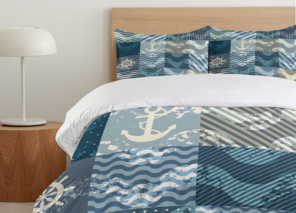 Ambesonne Nautical Duvet Cover Set, Marine Theme Wave Patterns in Patchwork Style Boxes Squares Striped Anchor Print, Decorative 3 Piece Bedding Set with 2 Pillow Shams, King Size, Blue Beige