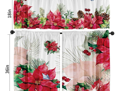 Cuteiush Christmas Poinsettia Valances for Kitchen Windows, Set of 3, Red and Green with Pinecone Butterfly, Rod Pocket, 52x18in and 36x26in x2, Multi-Room Decor, Digital Print