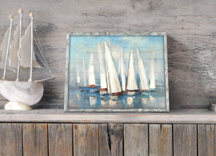 Coastal Framed Painting Wall Art: Abstract Ocean Artwork Seascape Picture Sailboat Prints on Wood in Modern Style for Bedroom 32"x24"