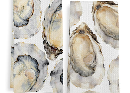 GWFSJYU Nautical Oysters Kitchen Towels Set of 2, Coastal Beach Dish Tea Towels for Kitchen, Retro Oyster Shell Decorative Hand Towel for Bathroom, Ocean Themed Decor for Bathroom, 16x24 Inch