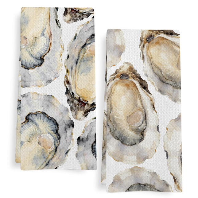 GWFSJYU Nautical Oysters Kitchen Towels Set of 2, Coastal Beach Dish Tea Towels for Kitchen, Retro Oyster Shell Decorative Hand Towel for Bathroom, Ocean Themed Decor for Bathroom, 16x24 Inch