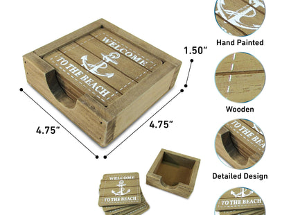 COTA Global Nautical Wooden Coaster and Holder Set - Rustic Square Coaster Set with Holder, Cute Beach Theme Drink Coasters Set for Spill and Scratch Free Tabletop - 6 Coasters and 1 Holder Set
