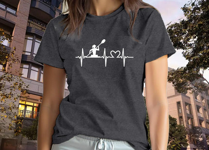 sallrue Kayaking Shirts for Women Kayak Kayaker Heartbeat Tshirts Nautical Boat Canoe Lover Tee Tops Grey