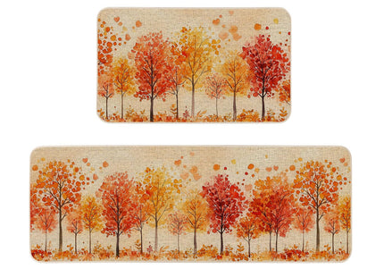 Watercolor Fall Maple Trees Kitchen Rugs Set of 2, 17x29 and 17x47 Inch