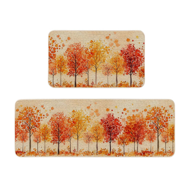 Watercolor Fall Maple Trees Kitchen Rugs Set of 2, 17x29 and 17x47 Inch