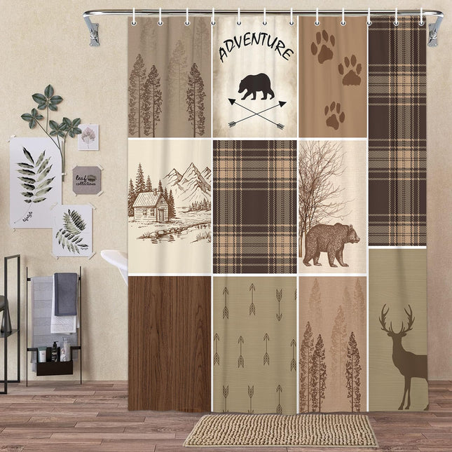 Rustic Cabin Bear Deer Shower Curtain, Country Brown Plaid Shower Curtain Set for Bathroom, Farmhouse Forest Nature Fabric Shower Curtain Restroom Bathtub Decor Accessories with Hooks 69x70inches