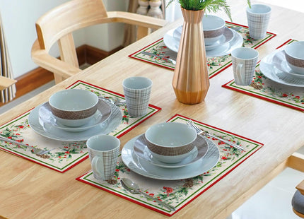 Winter Holly Branches Placemats Set of 4, Xmas Red Birds Pine Cone Dining Table Place Mats Linen Fabric Desk Top 12 x 18 Inch for Seasonal Holiday Home Kitchen Decor