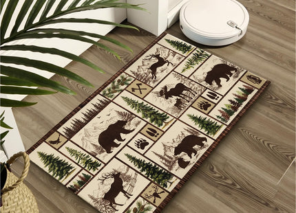 Evlaschin Rustic Bear Deer Bathroom Rug- Farmhouse Cabin Lodge Wildlife Bath Mats- Vintage Forest Tree Elk Moose Non-Slip Seasonal Bath Rugs 32"x20" for Shower Room Bathtub Sink Bedside