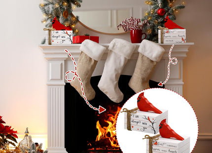 Soaoo 2 Pcs Christmas Cardinal Decorations Red Cardinal Wooden Book Stack