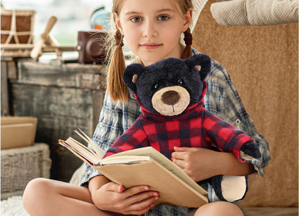 DolliBu Plush Black Bear with Red Plaid Hoodie - Soft Huggable Wild Life Bear, Adorable Playtime Zoo Black Bear Plush, Cute Cuddle Gift for Kids and Adults