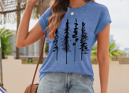 Women's Graphic Tee Funny Tree Shirt Cap Sleeve Mountain Tshirt Novelty Vintage Tops Summer(Blue Pine Tree,XL)