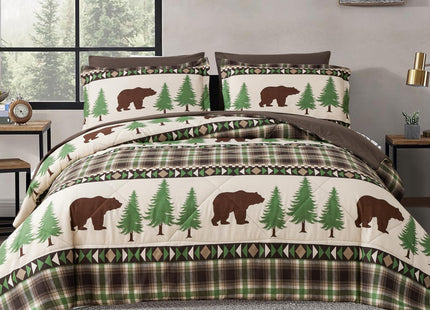 Comforter Set King Size Rustic Bear Comforter Bedding-7 Piece Bed in a Bag, Soft Fluffy Reversible Microfiber Bedding Set(1 Comforter,1 Flat Sheet,1 Fitted Sheet,2 Pillowcases,2 Pillow Shams),Green