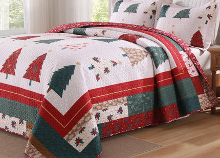 MarCielo Christmas Pine Tree Bedspread Quilt Set with Shams, Queen