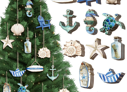 Maitys 36 Pcs Beach Wooden Ornaments Ocean Summer Tree Decorations Coastal Nautical Seaside Wood Cutouts Navigation Hanging Ornaments Xmas Decorations for Home Tree Wall Wreath Crafts(Beach Sea)