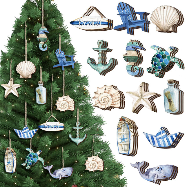 Maitys 36 Pcs Beach Wooden Ornaments Ocean Summer Tree Decorations Coastal Nautical Seaside Wood Cutouts Navigation Hanging Ornaments Xmas Decorations for Home Tree Wall Wreath Crafts(Beach Sea)