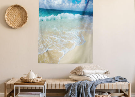 Lunarable Wave Tapestry Twin Size, Beach Foamy Waves on Empty Sea Shore Holiday Theme Serene Coastal, Wall Hanging Bedspread Bed Cover Wall Decor, Twin Size, Sand Blue, 68" Width x 88" Length