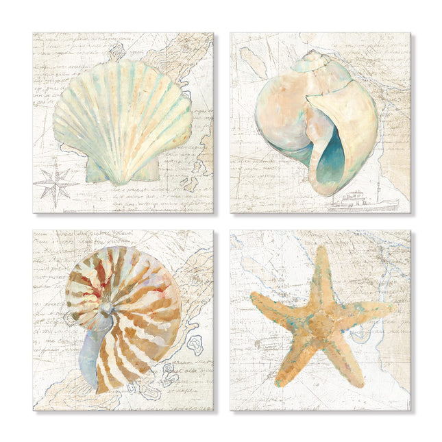 Seashell Bathroom Decor Cream Color Seashell Starfish Canvas Wall Art Nautical Decor Coastal Prints with Vinatge Map Wall Art For Bedroom Livingroom Kitchen12x12Inchx4pcs